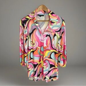 Julian Chang Blouse Women’s M Retro Top Puff Sleeves Wild Print Party Designer
